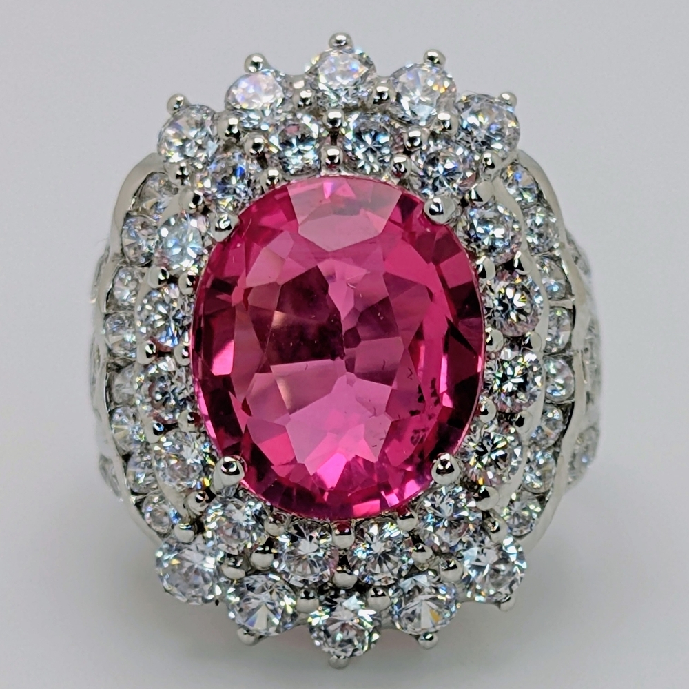 Pink Sapphire & White Topaz 24k White Gold Over S925 Sterling Silver Size 6 1/2